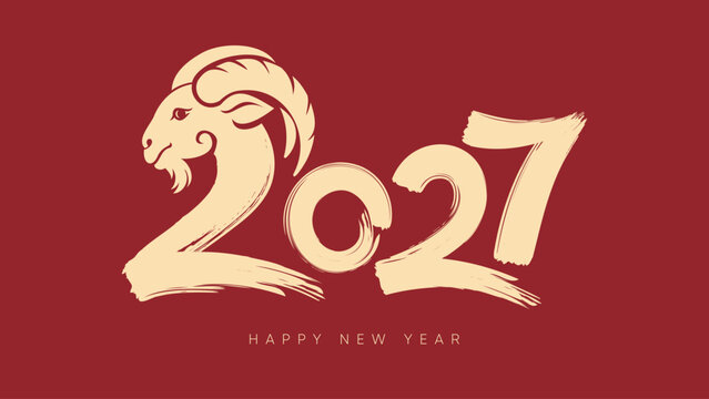 2027 Lunar New Year Goat Calligraphy Pattern Design on Red Background