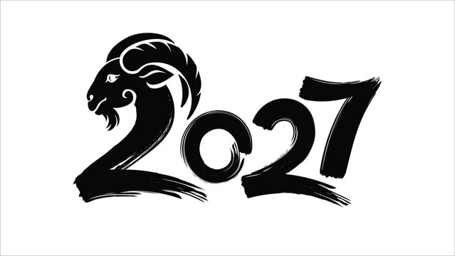 2027 Chinese New Year Goat Calligraphy Pattern Design on the White Background