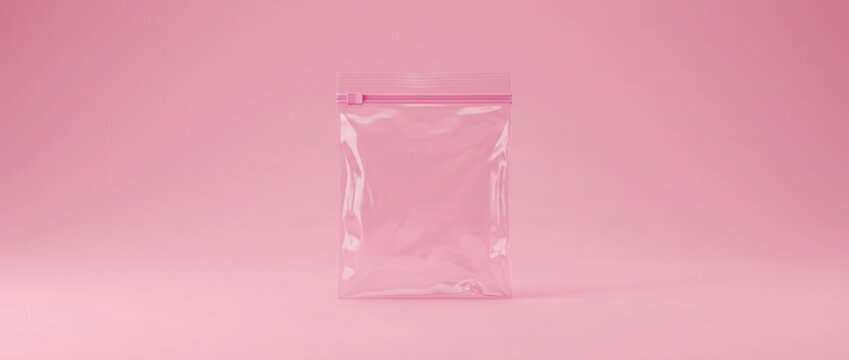 Empty transparent plastic resealable bag with pink zipper on pastel pink background studio shot