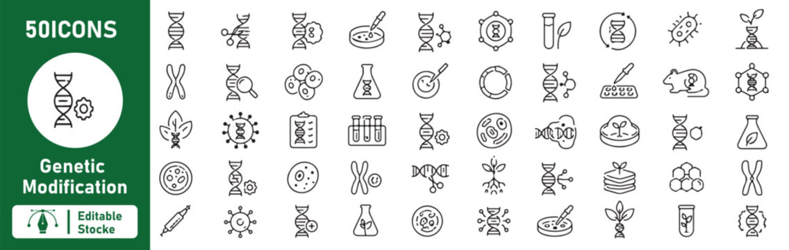 50 Genetic Modification Outline Icons Set &ndash; Genetic Engineering, DNA, Gene Editing, Biotechnology and Molecular Biology Line Symbols Collection