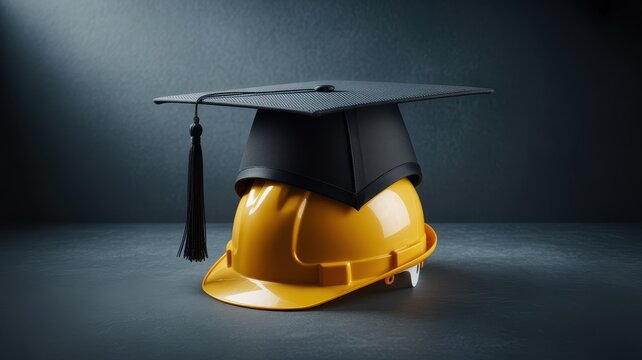 A graduation cap resting on a yellow construction hard hat in studio light. Ideal concept for vocational training and.