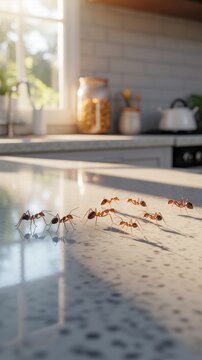 A line of ants crawling across a bright kitchen counter in morning sunlight. Great for pest control and home invasion.