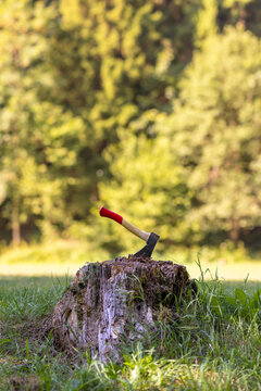 An axe stuck in a wooden chopping block at sunset. Manly chores; a lumberjack's tool.