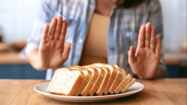 Woman raising both hands in a refusal gesture behind a plate of sliced white bread, choosing to avoid baked wheat products during a meal at home, gluten-free diet and food intolerance concept