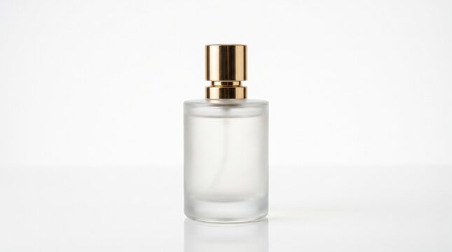 Frosted glass cosmetic spray bottle with gold cap on white background perfume bottle skincare pack