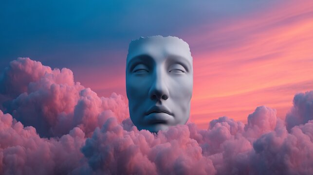 A serene, large human face sculpture floats above pink clouds during a dramatic sunset sky.