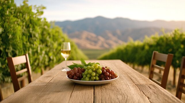 A wooden table with a plate of red and green grapes and a glass of white wine overlooks a vineyard with mountains in the background during golden hour.