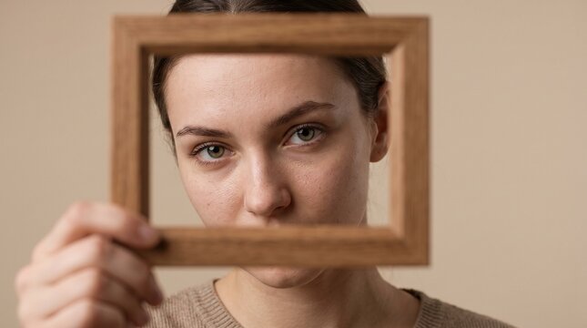 Close up portrait of a beautiful young woman looking through an empty wooden picture frame