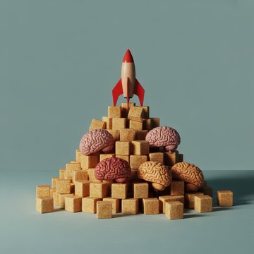 A toy rocket standing on top of a pyramid of brown sugar cubes with model brains. Sugar addiction concept for health.