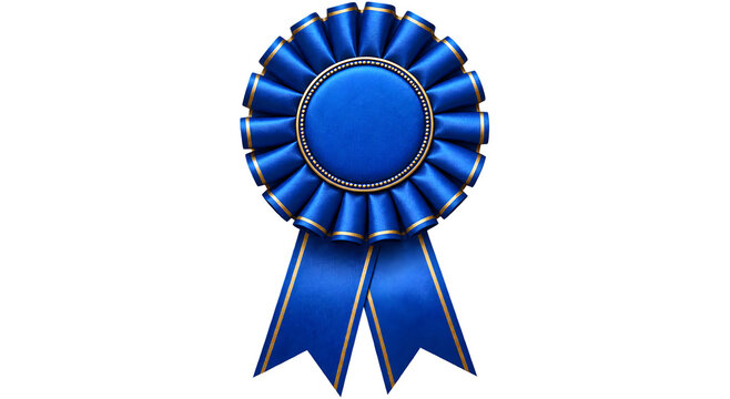 A blue rosette award ribbon with gold trim sits on transparent background circular achievement recognition honors prize medal decoration festive ceremony celebration success triumph competition