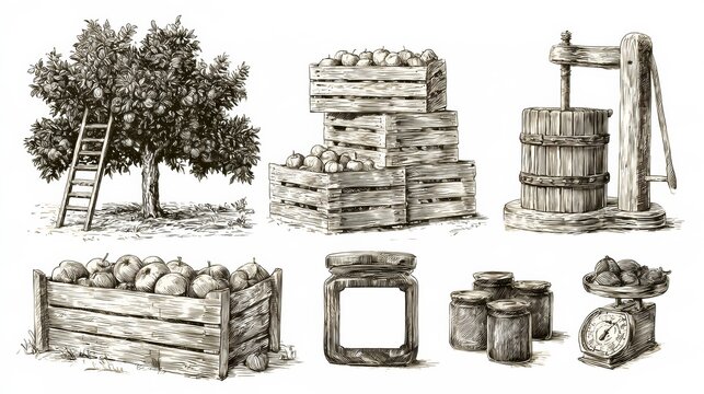 An orchard scene with apple trees, fruit crates, a cider press, and jars for preserving fruit.