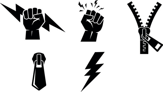 Power and Fastener Vector Icon Set Featuring Clenched Fists Lightning Bolts Open Zipper and Pull Tab Silhouette Graphics for Logo Designs