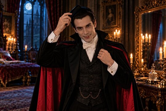 Count Dracula combs his hair before heading out for the night: a fun Halloween scene in a Gothic castle illuminated by the full moon.
