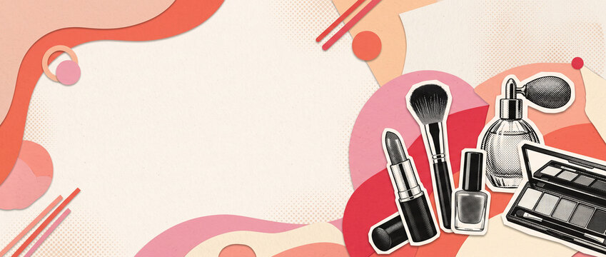 Professional beauty salon background featuring vintage collage style cosmetics and makeup accessories on paper texture layout with large copyspace for advertising promotional banners with copyspace