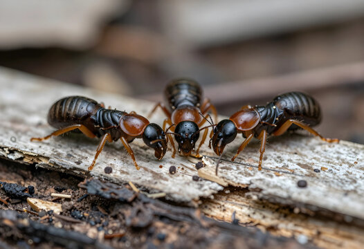 Termite infestation and wood damage group of termites eating decaying timber in nature pest control and home maintenance concept macro insect photography