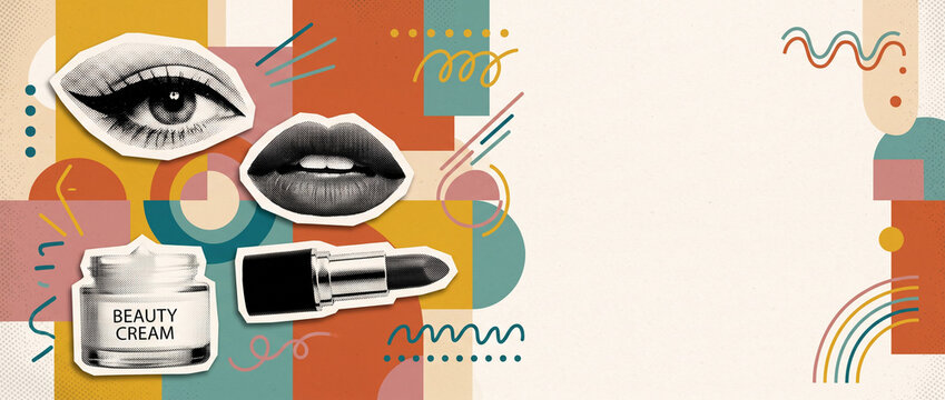 Retro collage style beauty banner with cosmetics, lipstick cutouts on abstract geometric background featuring halftone textures and vibrant colors with large copyspace for website headers design
