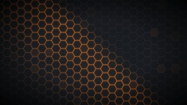 Dark graphite hexagon honeycomb pattern lit by a copper orange light wave sweeping diagonally, seamless futuristic industrial loop animation 4K