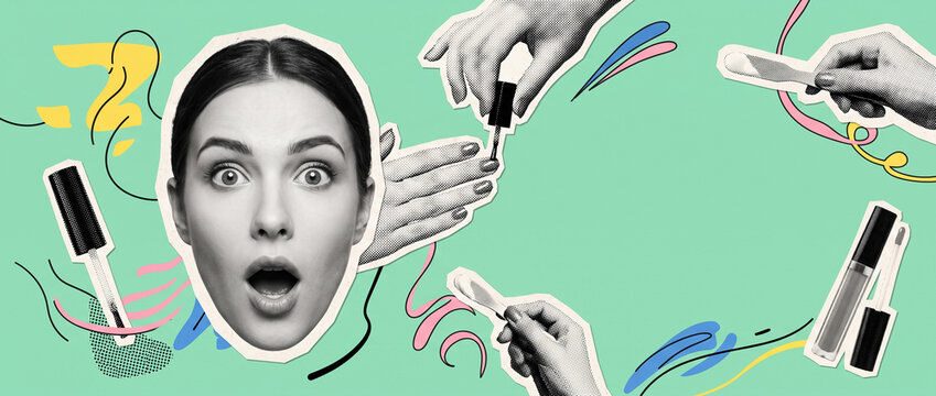 Collage art background with a surprised woman face surrounded by manicure and nail care tools isolated on green backdrop perfect for beauty salon social media marketing creative posts with copyspace