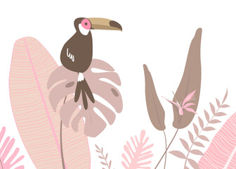 Pink botanical border png, aesthetic tropical toucan and leaves on transparent background © Rawpixel.com