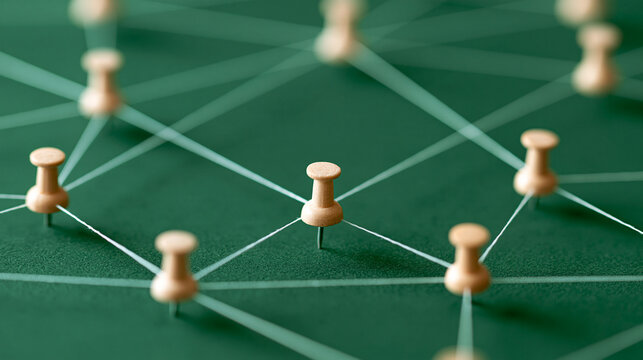 Wooden pushpins are connected by white strings on a green board, forming a network. Ideal for concepts of communication, connection, and strategy.