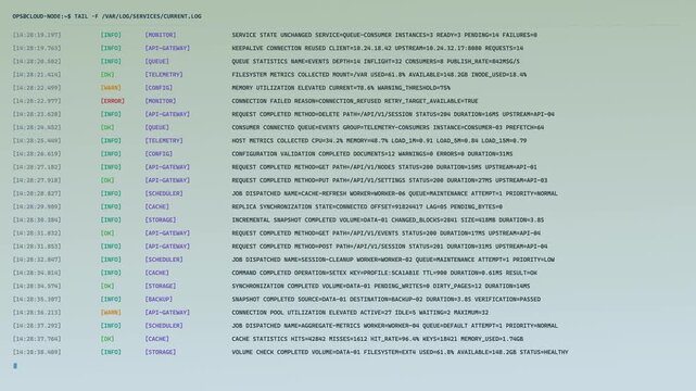 System status terminal live technical data server information diagnostic logs status elements. network monitoring IT operations server administration DevOps cybersecurity concepts.