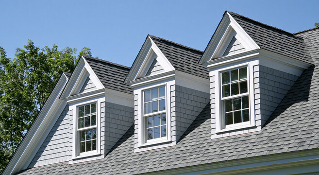 Three dormer windows with white trim are prominently featured on a grey shingle roof under a clear blue sky. Ideal for home construction, renovation, or real estate themes.