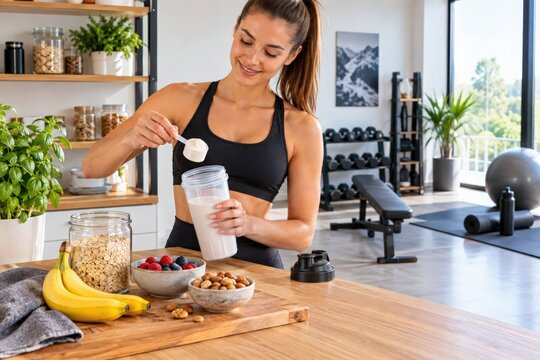 Fit young woman preparing a nutritious protein shake with berries, oats and banana in a bright home gym for a healthy pre-workout or post-workout meal