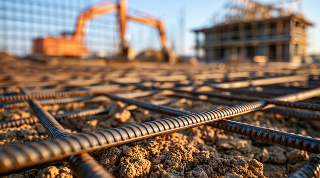 Steel reinforcement rebar lies on the ground at a sunny construction site. Ideal for civil engineering and building development projects.