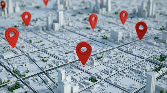 Red location map pins scattered across a detailed 3D white city map showing buildings and streets. Concepts of navigation, local search, and business distribution.