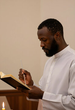 Religious study and spiritual devotion, man reading holy scripture with a yad pointer in a synagogue or place of worship for prayer and meditation