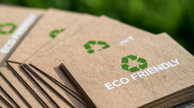 A stack of brown paper cards with green "ECO FRIENDLY" text and a recycling symbol. This image represents sustainable packaging and environmental consciousness.
