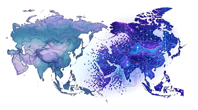 Digital Transformation Concept with Eurasia Map Dissolving into Glowing Circuit Board and Pixels Isolated on White Background