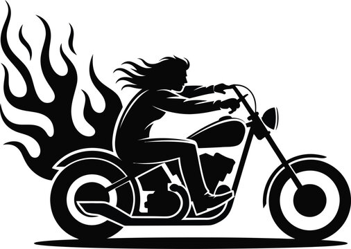 Silhouette of a person riding a fast chopper motorcycle with flaming fire trails