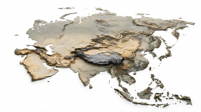 3D Relief Map of Asia with Realistic Topography and Mountain Ranges Isolated on White Background