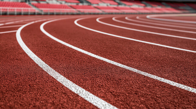 A curving red running track with white lines extends into an empty stadium under bright daylight. Symbolizes athletic competition, fitness, and setting new goals.