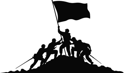 Obraz premium Silhouette of soldiers raising a flag on top of a mountain peak