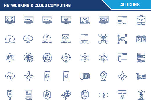 Networking and cloud computing vector icon set featuring blue line art symbols for digital technology