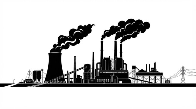 Heavy Industry and Power Plant Factory Silhouettes with Smoke Chimneys Vector Design  