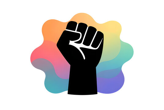 Black raised fist silhouette on colorful fluid background representing freedom power protest revolution and unity concept