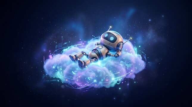 Small futuristic robot peacefully sleeping on a glowing digital cloud with cloud computing futuristic technology artificial intelligence glowing nebula floating robot
