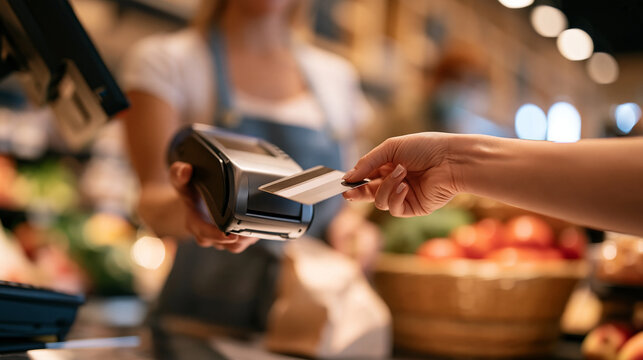 Contactless payment scene at a checkout counter, faceless customer paying with a card at a grocery checkout, with copy space