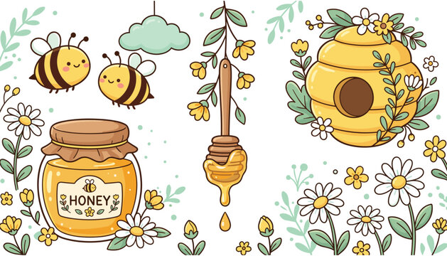 Cute Honeybee and Apiary Vector Set featuring Bumblebees Honey Jar Beehive Dipper with Dripping Honey and White Daisy Flowers for Spring Design