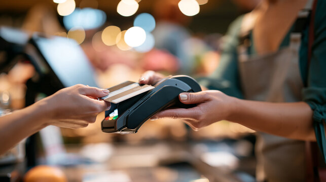 Contactless payment scene at a checkout counter, faceless customer paying with a card at a grocery checkout, with copy space
