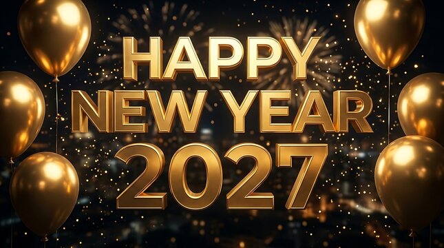 Golden happy new year 2027 celebration with balloons and fireworks display
