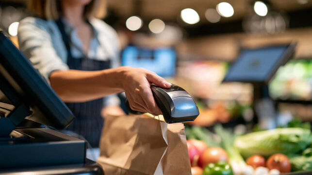 Faceless cashier scanning groceries at a checkout counter in a supermarket, everyday retail service concept, with copy space