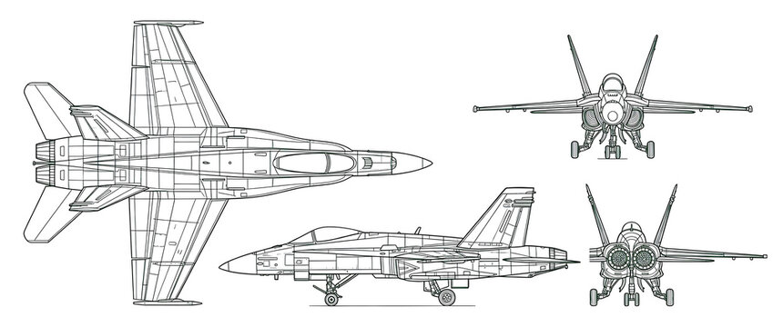 Precision technical blueprint of a high-performance combat jet aircraft, showcasing multi-angle views. Isolated on Tranceparent background png