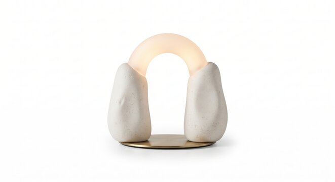 A decorative table lamp with a glowing arched glass tube supported by two white stone-like bases on a circular brass metal stand on white