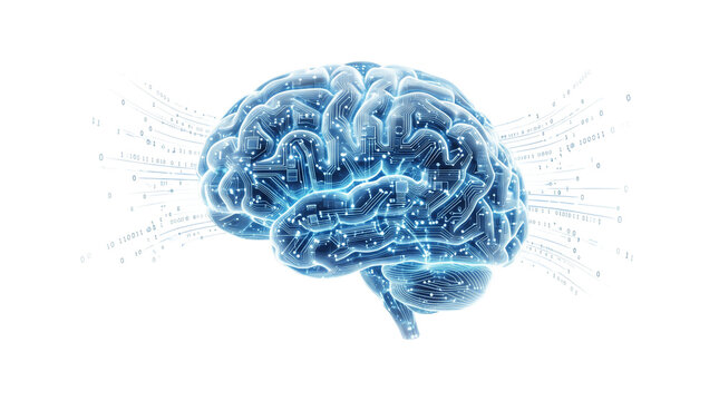 Futuristic Digital Human Brain Graphic with Glowing Particles, Artificial Intelligence Concept, Cognitive Science Data Network Visual isolated PNG with Transparent Background