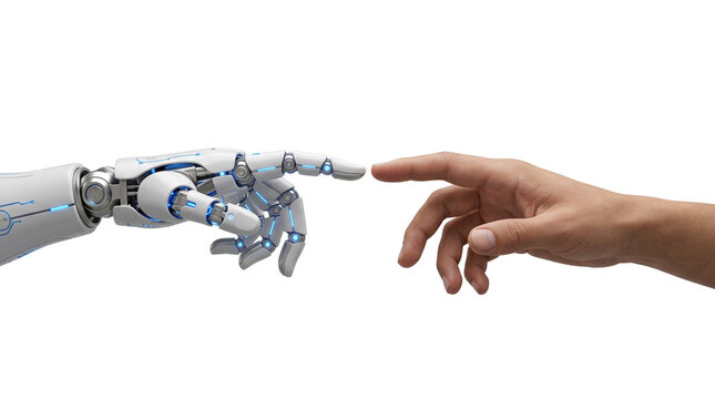 Futuristic robotic hand reaching to touch human hand, artificial intelligence human connection concept, cybernetic android touch isolated PNG with Transparent Background
