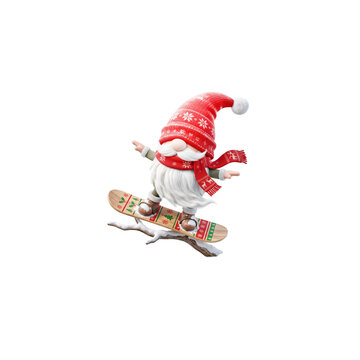 Cute 3D Christmas Gnome Snowboarding on a Snowy Branch with transparent background
